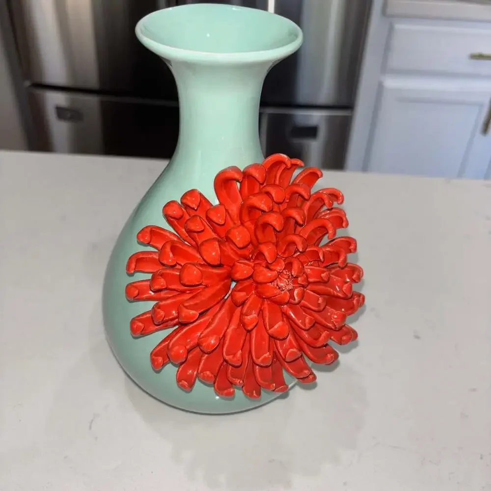 Anthropologie Celadon Blue Ceramic Vase with 3D Red Chrysanthemum Flower